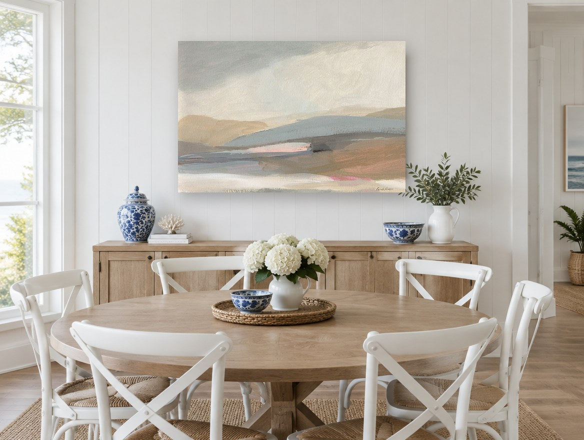 Soft Hills Haze landscape canvas print on the wall of a Hamptons dining room