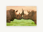 Mud-Caked Rhino Greeting, two rhinos face to face photograph, animal canvas wall art print, front view