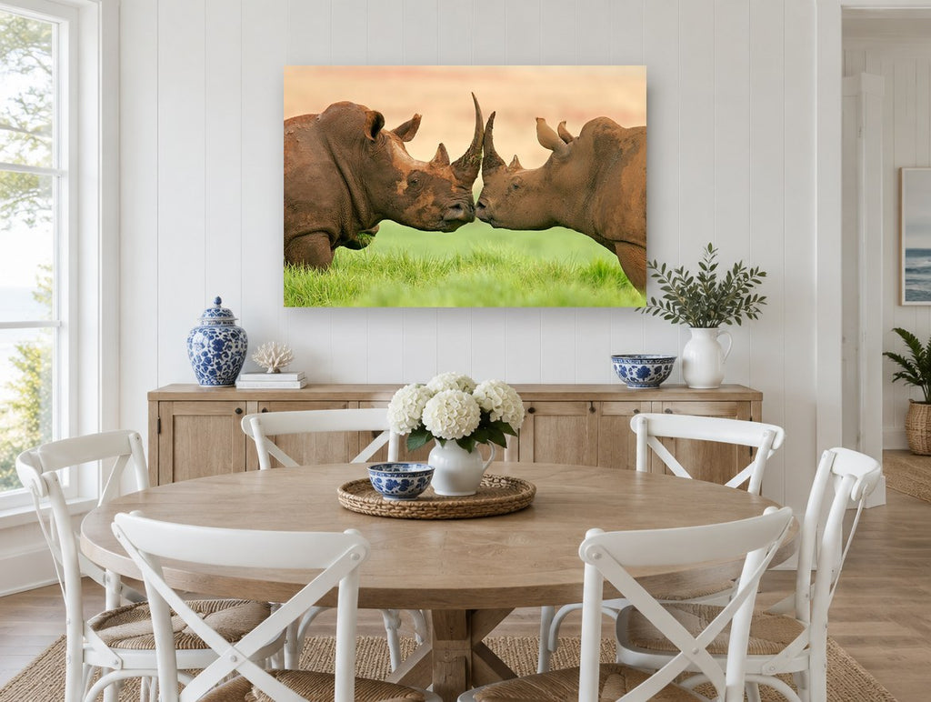 Mud-Caked Rhino Greeting animal canvas print on the wall of a Hamptons dining room
