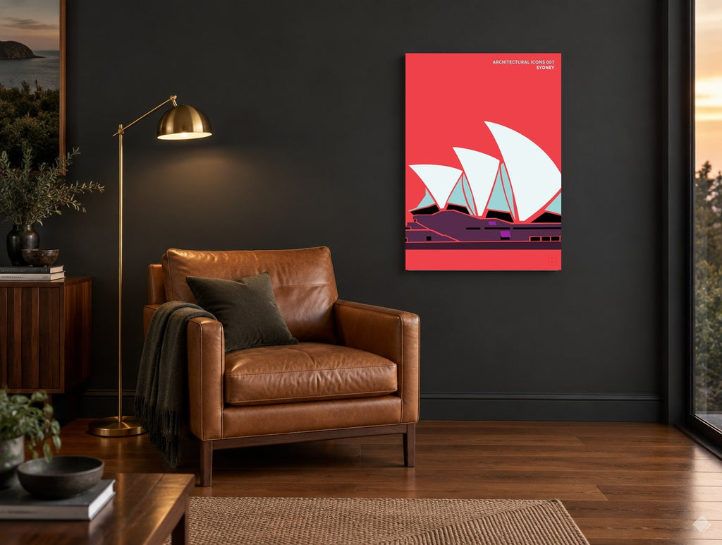 Coral Sails city canvas print on the wall of a charcoal living room