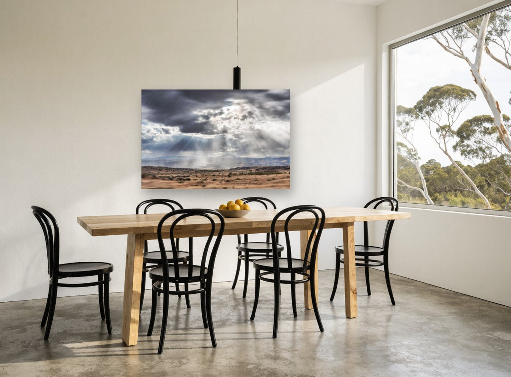 Light Over the Dry Valley landscape canvas print on the wall of a dining room