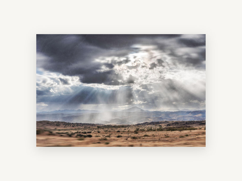 Light Over the Dry Valley, sunbeams over desert valley photograph, landscape canvas wall art print, front view