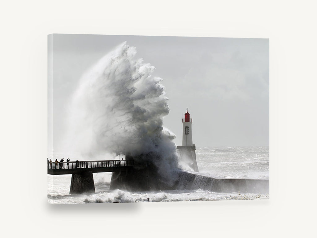 Storm Surge Lighthouse, storm wave lighthouse photograph, coastal canvas wall art print ready to hang