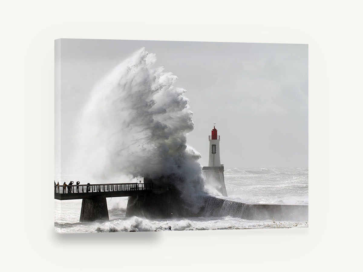 Storm Surge Lighthouse, storm wave lighthouse photograph, coastal canvas wall art print ready to hang