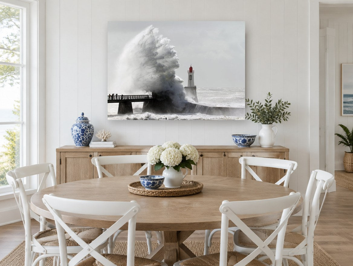 Storm Surge Lighthouse coastal canvas print on the wall of a Hamptons dining room