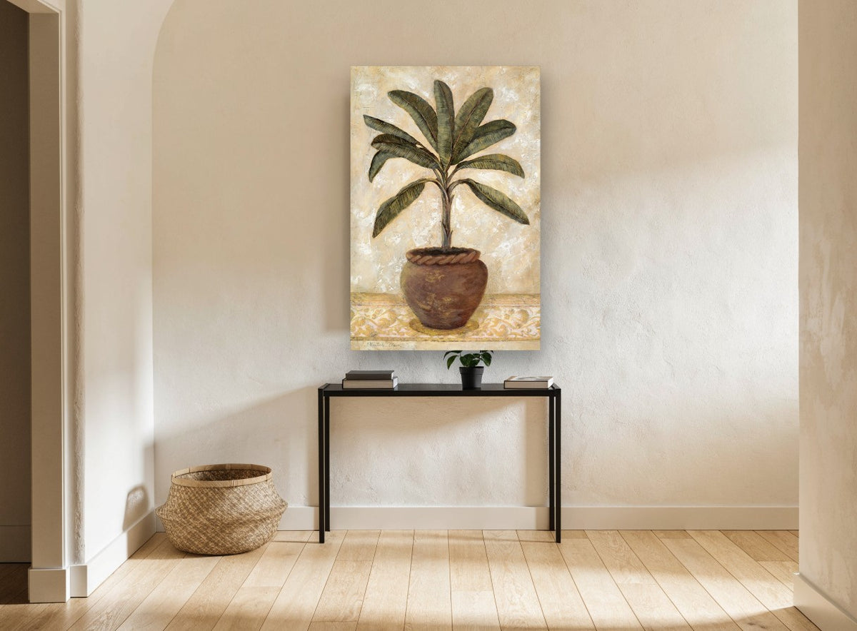 Terracotta Palm Study floral canvas print on the wall of a hallway