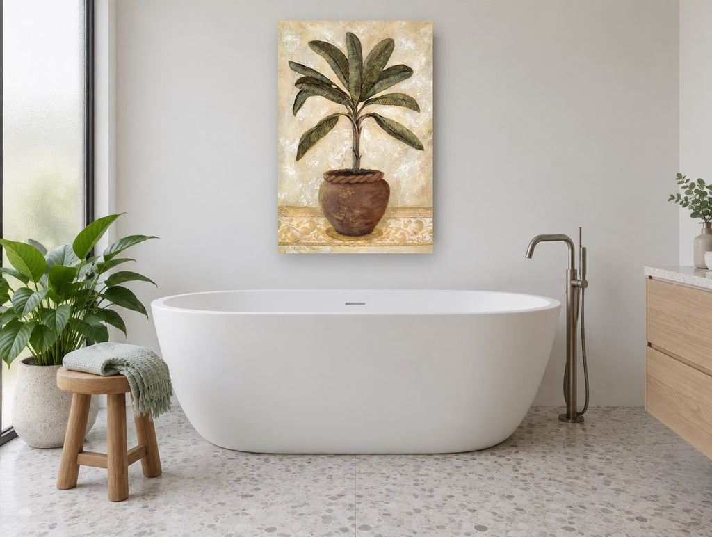 Terracotta Palm Study floral canvas print on the wall of a bathroom