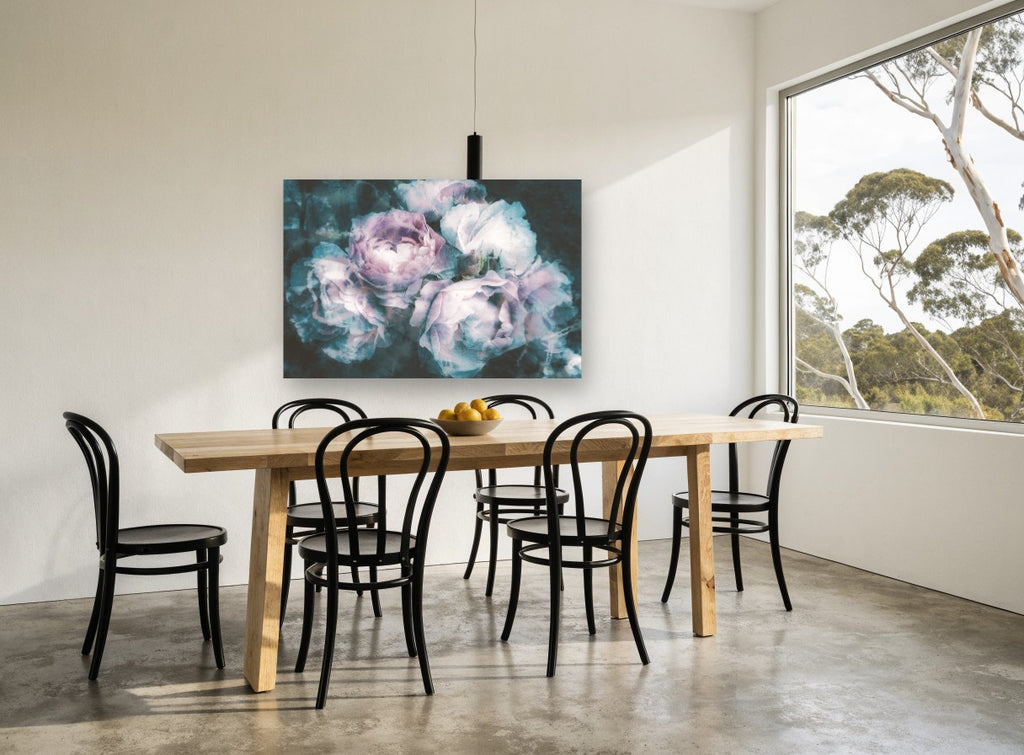 Dusk Rose Bloom floral canvas print on the wall of a dining room