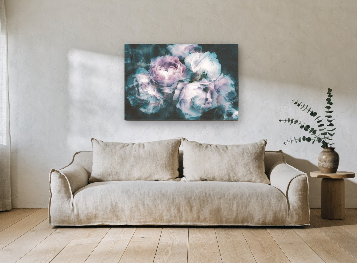 Dusk Rose Bloom floral canvas print on the wall of a living room