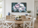 Dusk Rose Bloom floral canvas print on the wall of a Hamptons dining room