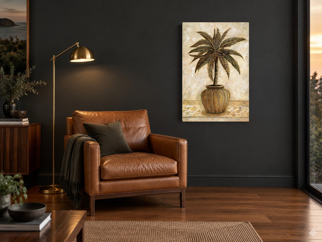 Terracotta Pot Palm floral canvas print on the wall of a charcoal living room