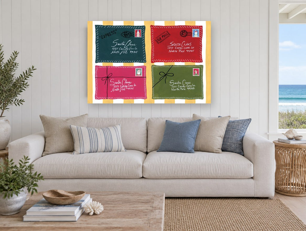 Letters to Santa kids canvas print on the wall of a beach house living room
