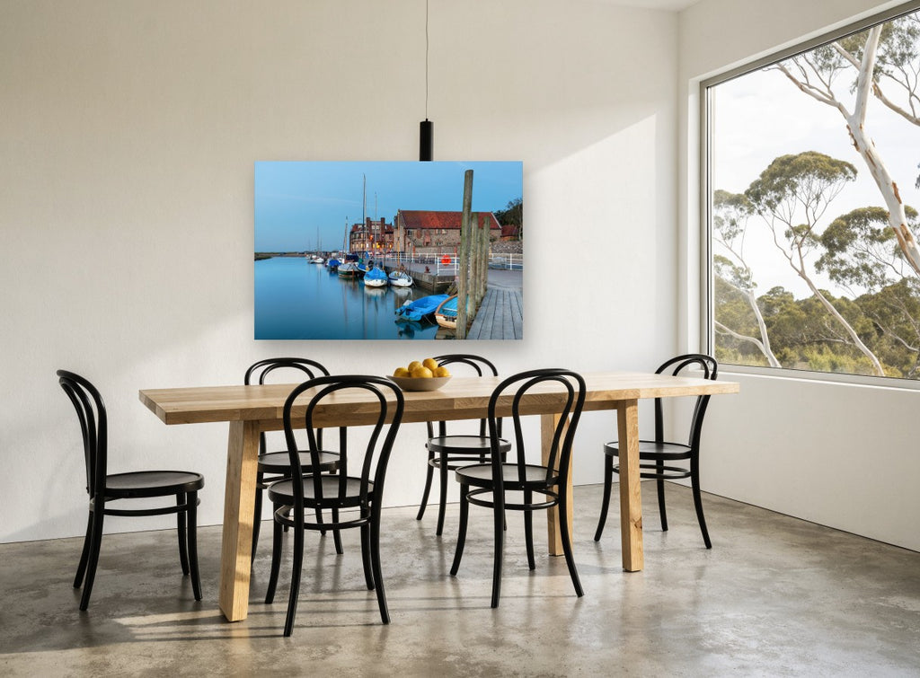 Blakeney Quay at Dusk coastal canvas print on the wall of a dining room