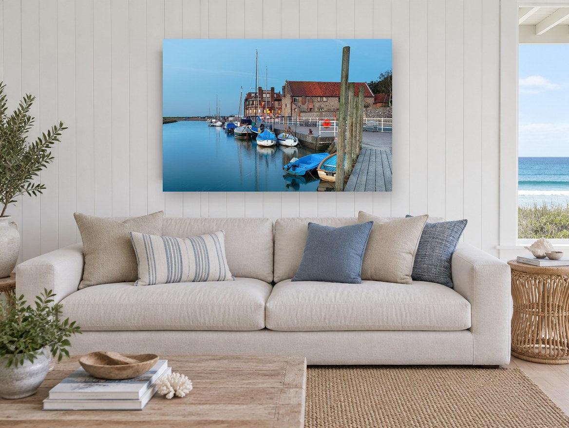 Blakeney Quay at Dusk coastal canvas print on the wall of a beach house living room