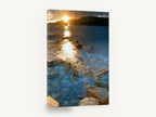 Sunburst Over Rocky Shallows, sunset rocky shoreline ocean photograph, coastal canvas wall art print ready to hang