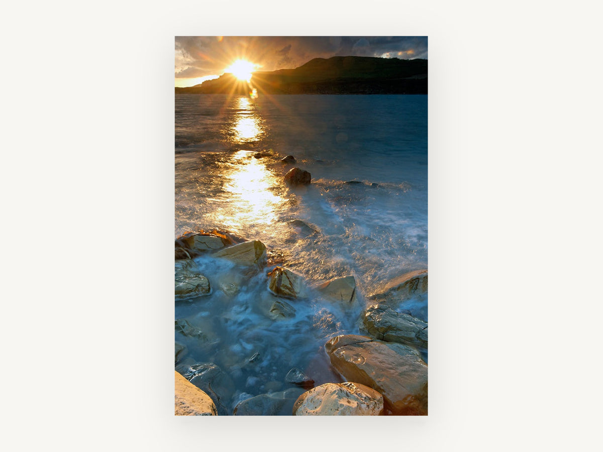 Sunburst Over Rocky Shallows, coastal canvas wall art print, front view