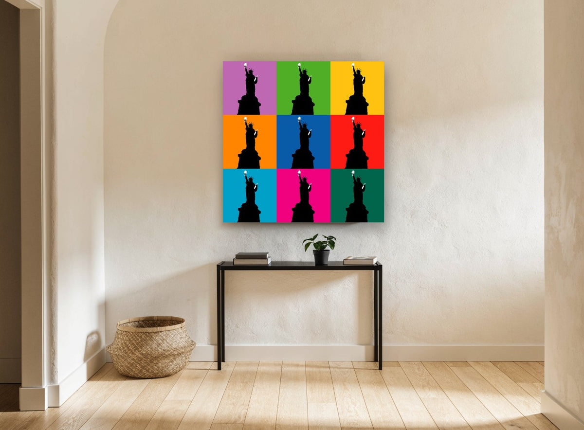 Liberty Pop Grid city canvas print on the wall of a hallway