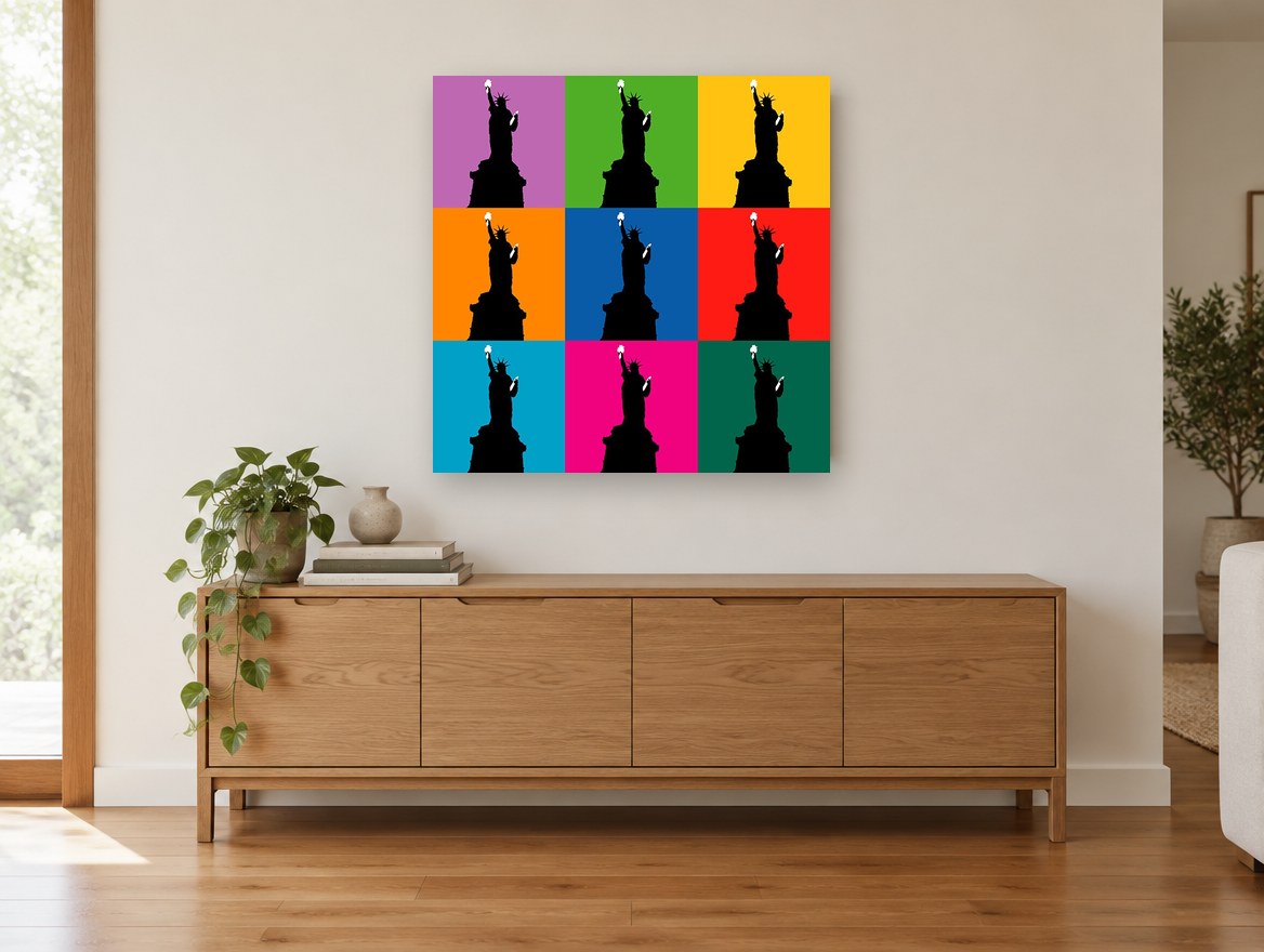 Liberty Pop Grid city canvas print on the wall of a living room above a sideboard