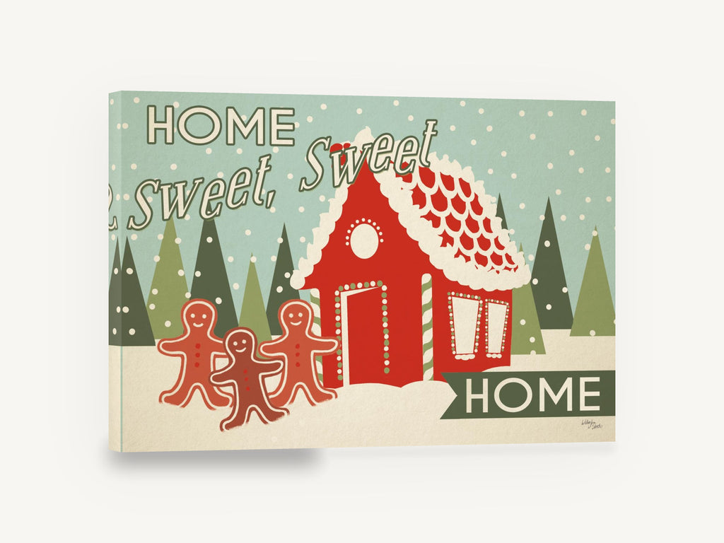 Gingerbread Snow Home, retro gingerbread house christmas illustration, kids canvas wall art print ready to hang