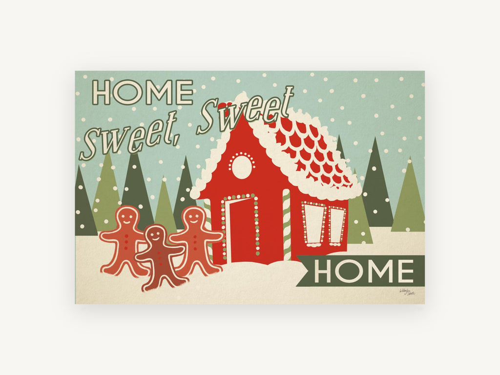 Gingerbread Snow Home, retro gingerbread house christmas illustration, kids canvas wall art print, front view