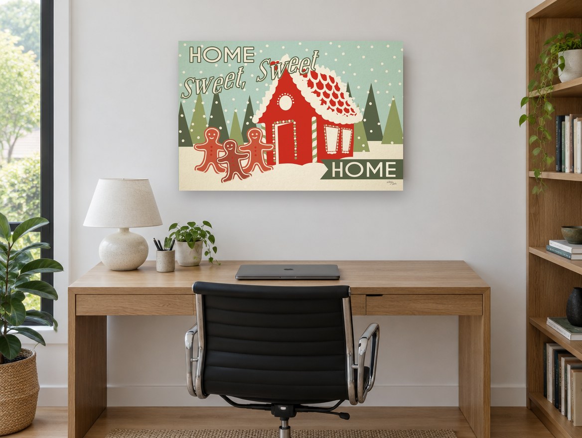 Gingerbread Snow Home kids canvas print on the wall of a study