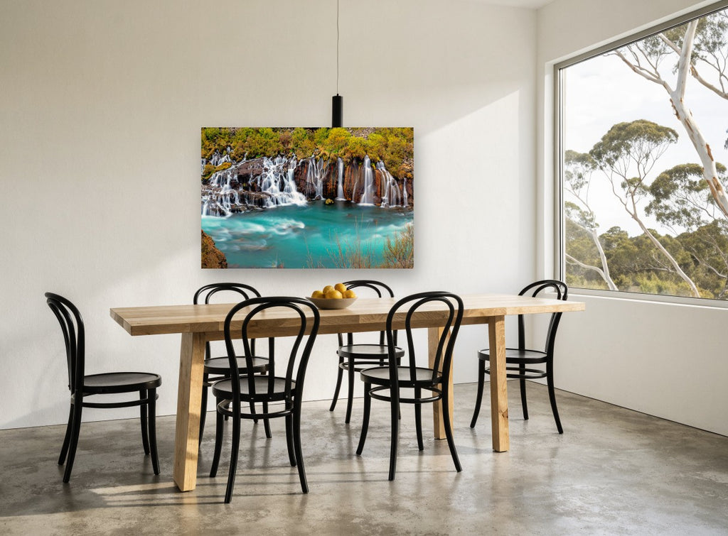 Turquoise Cascade Pool landscape canvas print on the wall of a dining room