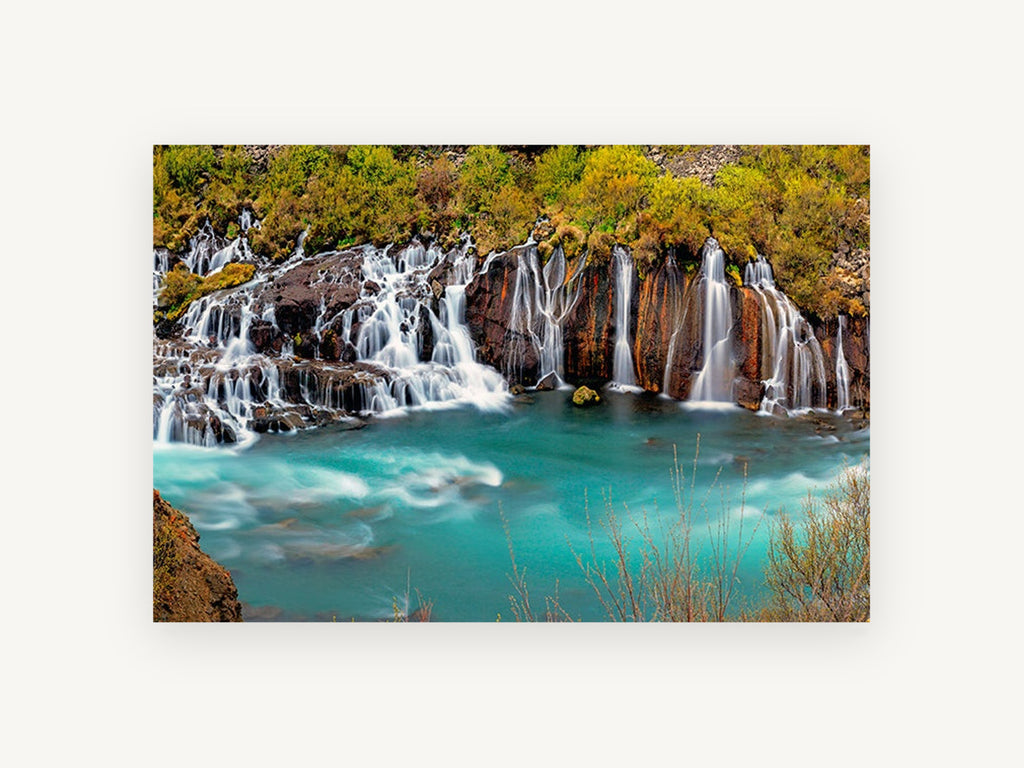 Turquoise Cascade Pool, turquoise waterfall pool photograph, landscape canvas wall art print, front view
