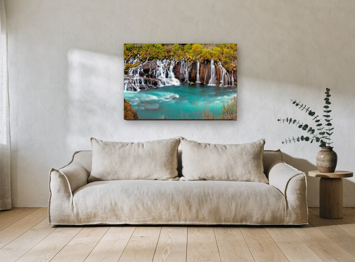 Turquoise Cascade Pool landscape canvas print on the wall of a living room