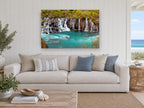Turquoise Cascade Pool landscape canvas print on the wall of a beach house living room