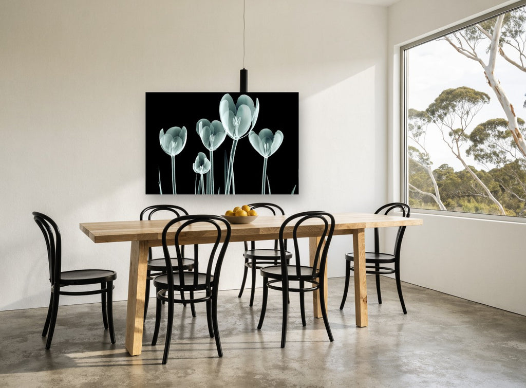 Glass Tulip Study floral canvas print on the wall of a dining room