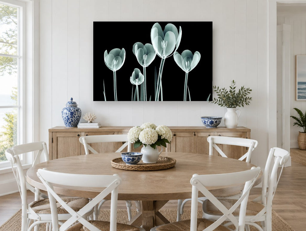 Glass Tulip Study floral canvas print on the wall of a Hamptons dining room