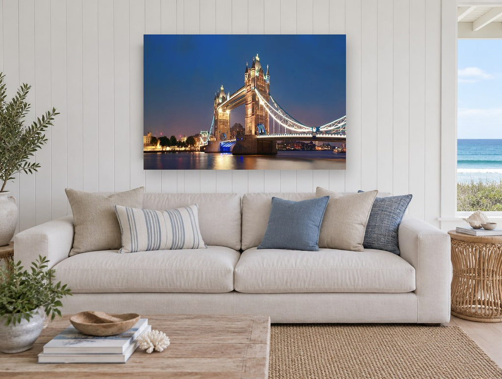 Tower Bridge Blue Hour city canvas print on the wall of a beach house living room
