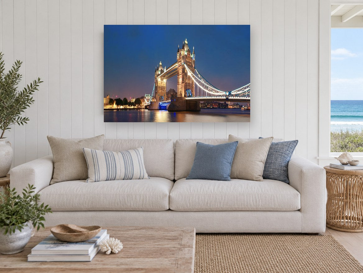 Tower Bridge Blue Hour city canvas print on the wall of a beach house living room