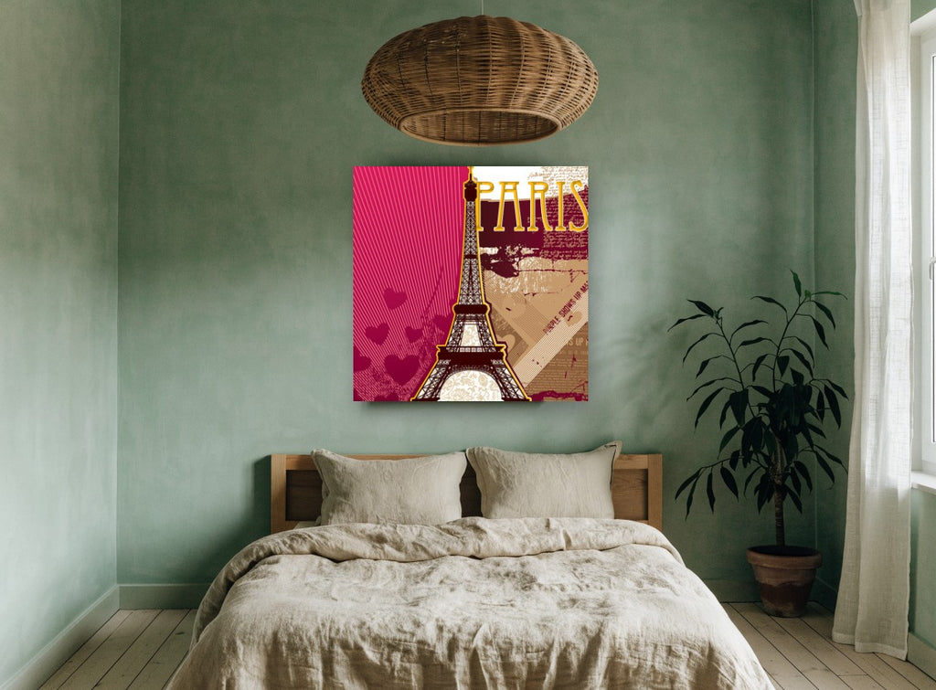 Paris in Magenta and Gold city canvas print on the wall of a bedroom