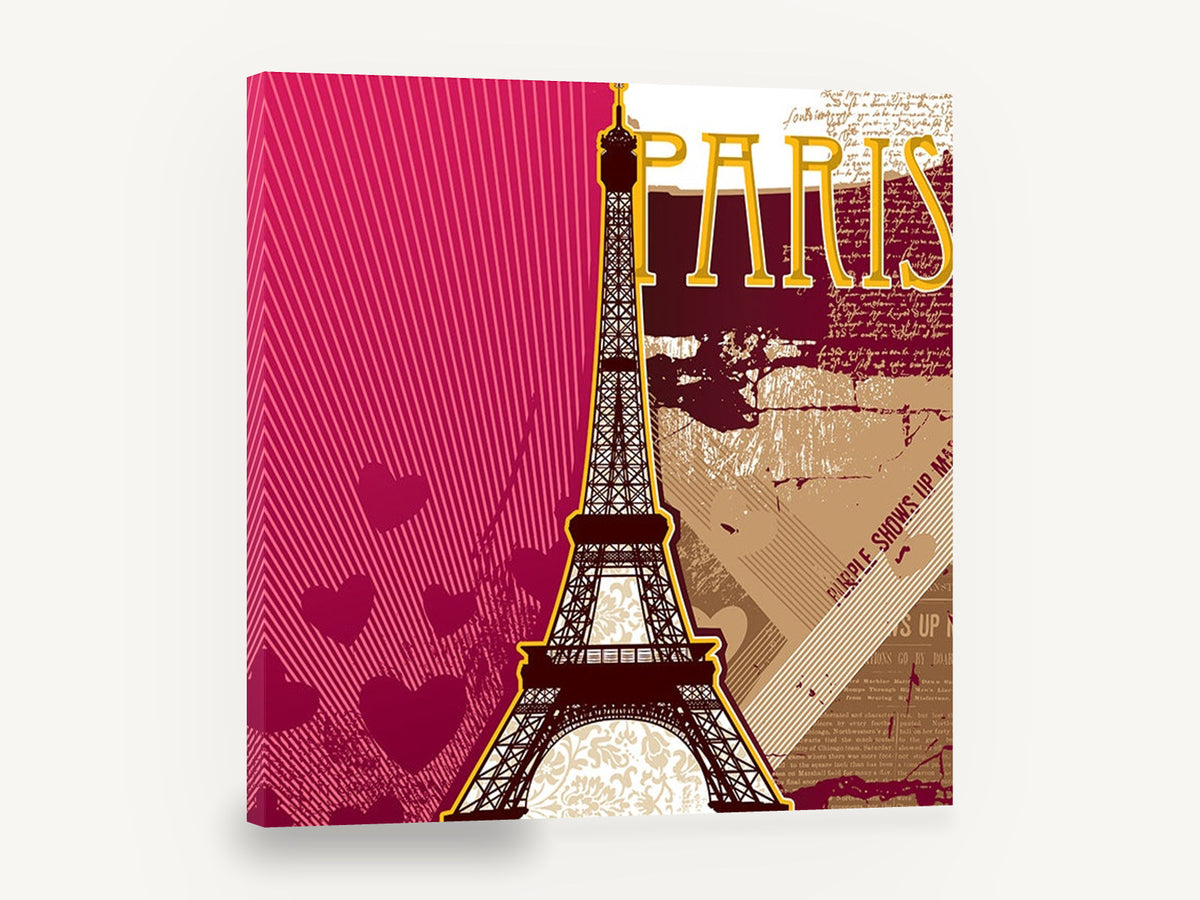 Paris in Magenta and Gold, eiffel tower paris illustration, city canvas wall art print ready to hang