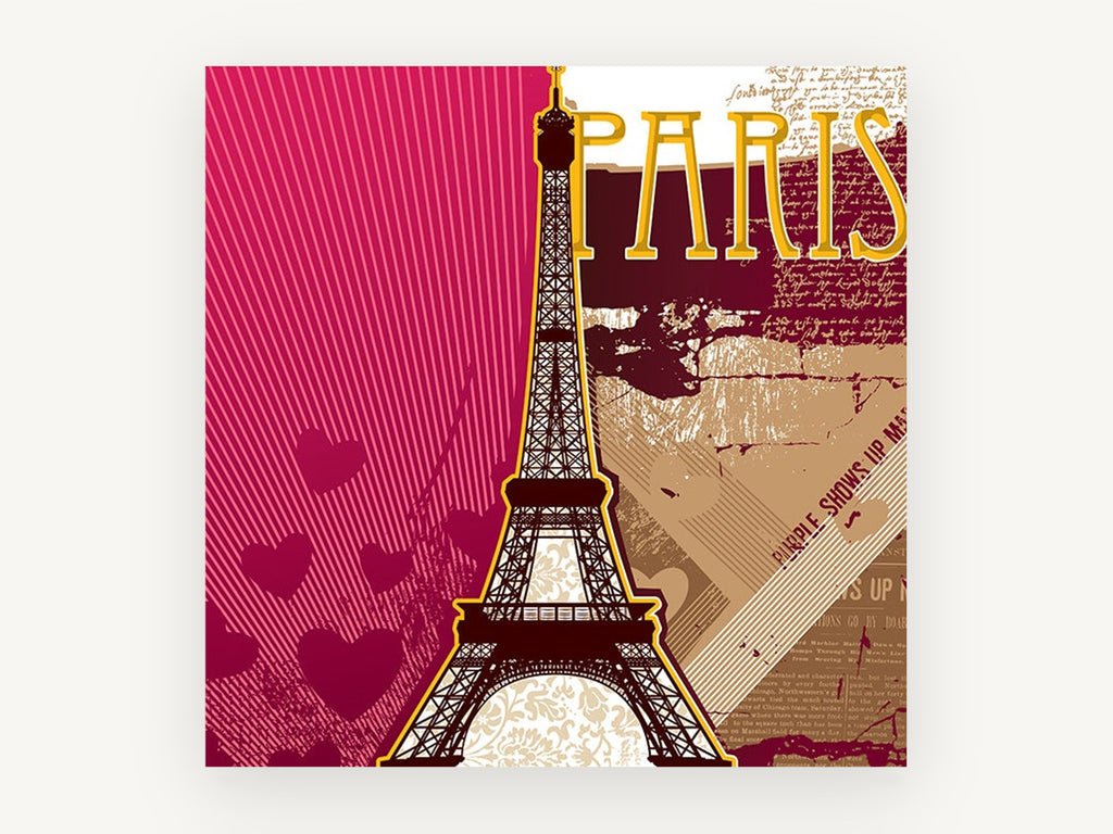 Paris in Magenta and Gold, eiffel tower paris illustration, city canvas wall art print, front view