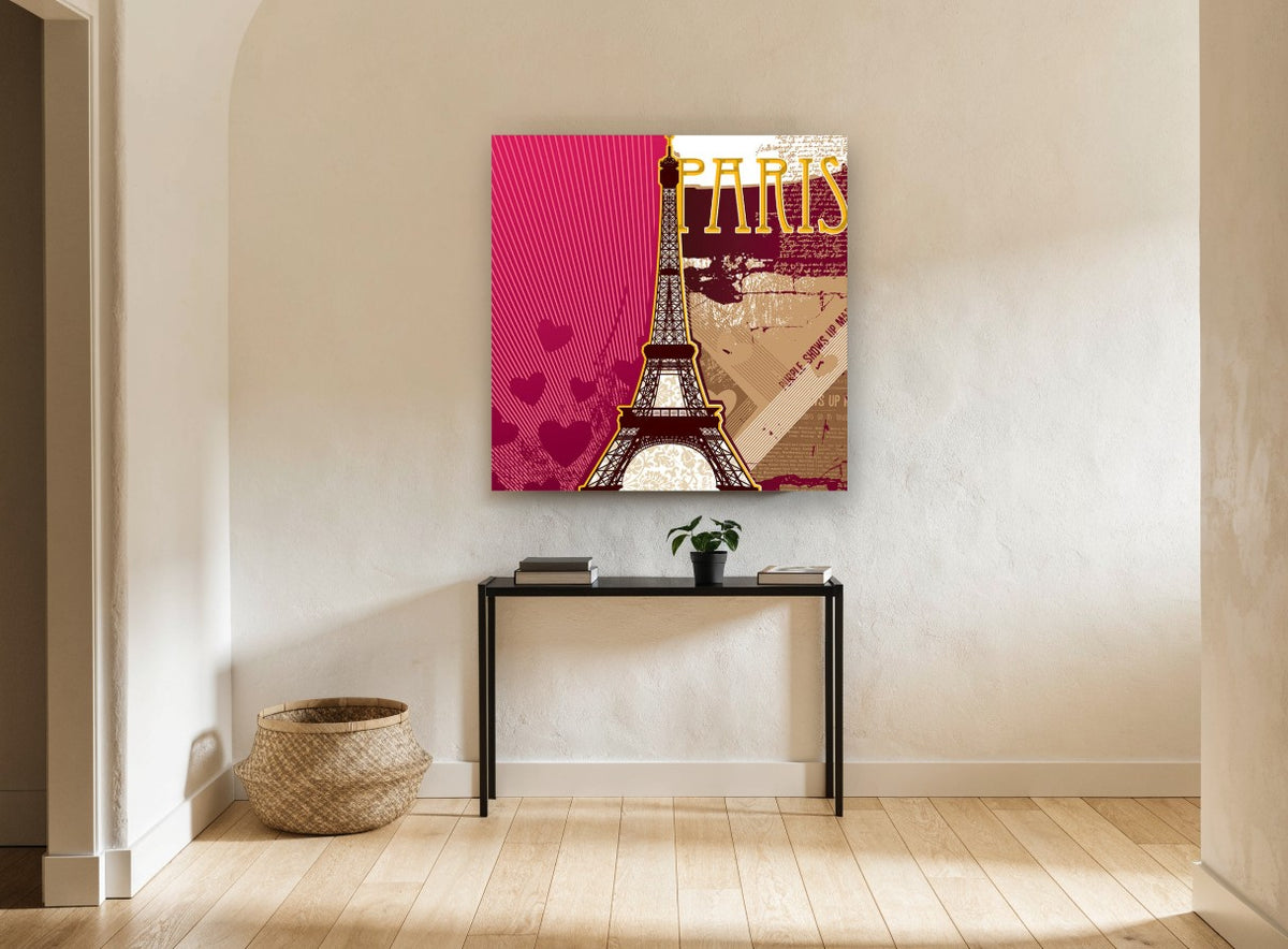 Paris in Magenta and Gold city canvas print on the wall of a hallway