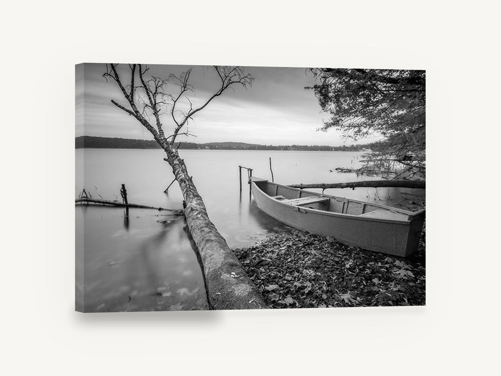 Still Shore Rowboat, black and white lake boat photograph, landscape canvas wall art print ready to hang