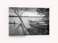 Still Shore Rowboat, black and white lake boat photograph, landscape canvas wall art print ready to hang