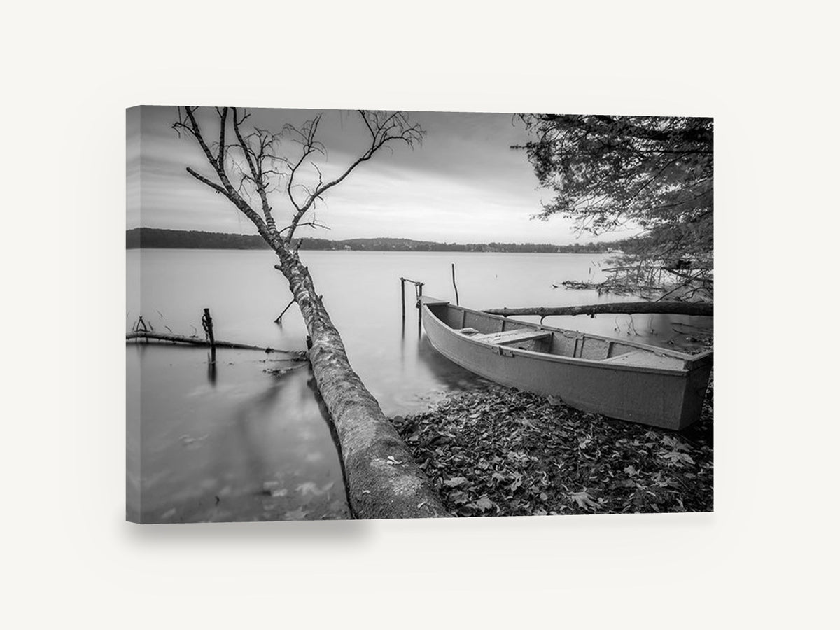 Still Shore Rowboat, black and white lake boat photograph, landscape canvas wall art print ready to hang