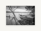 Still Shore Rowboat, black and white lake boat photograph, landscape canvas wall art print, front view