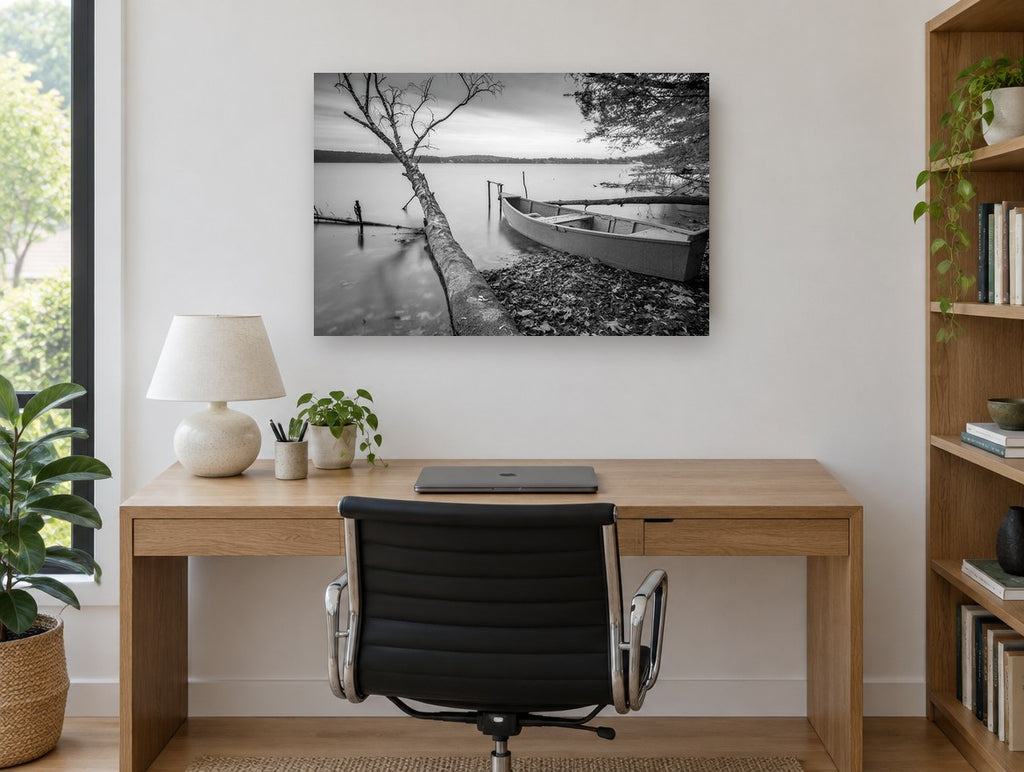 Still Shore Rowboat landscape canvas print on the wall of a study