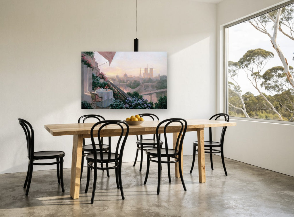 Terrace Dinner Over the Seine city canvas print on the wall of a dining room