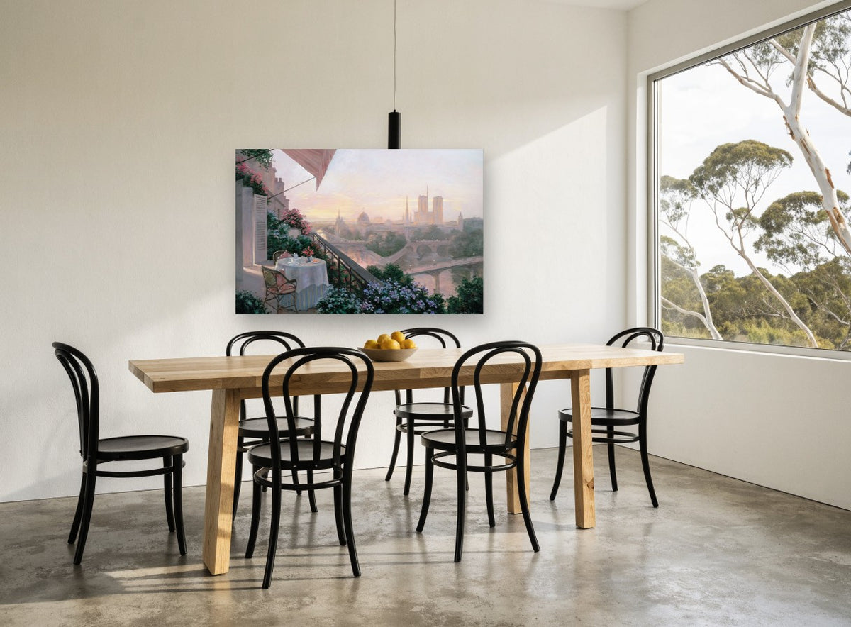 Terrace Dinner Over the Seine city canvas print on the wall of a dining room
