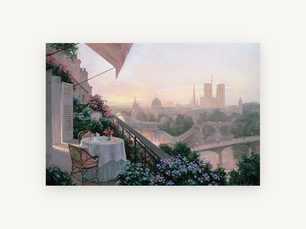 Terrace Dinner Over the Seine, paris terrace view at sunset artwork, city canvas wall art print, front view