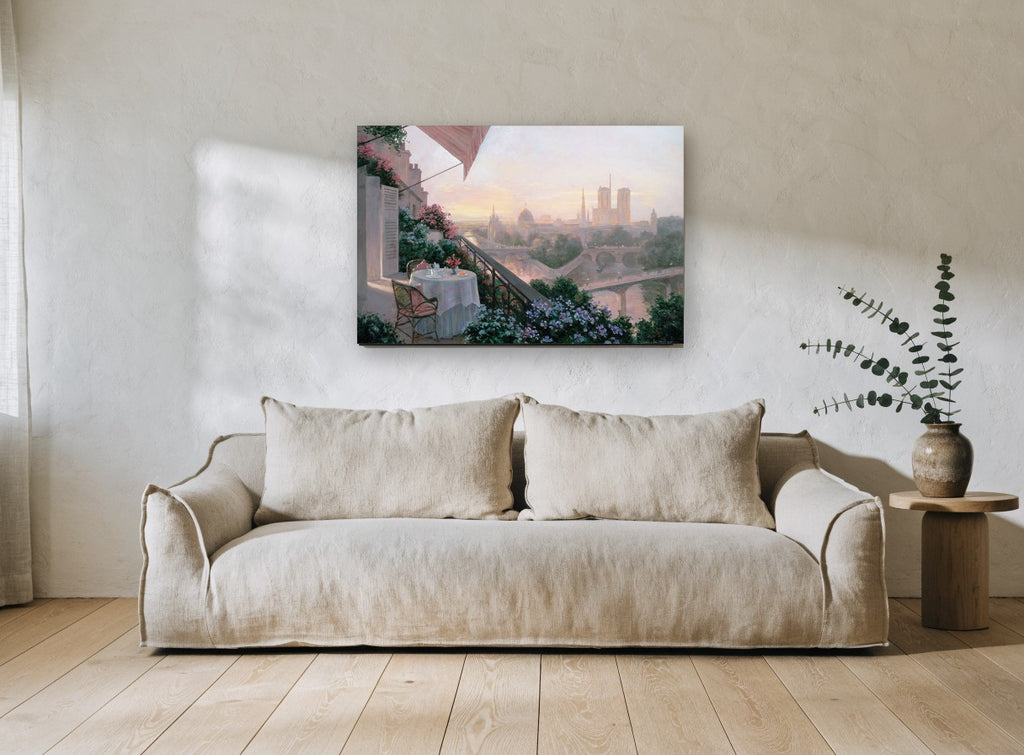 Terrace Dinner Over the Seine city canvas print on the wall of a living room