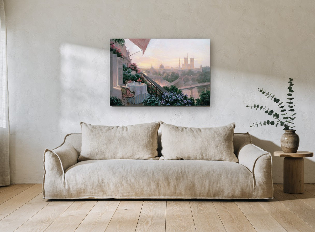 Terrace Dinner Over the Seine city canvas print on the wall of a living room