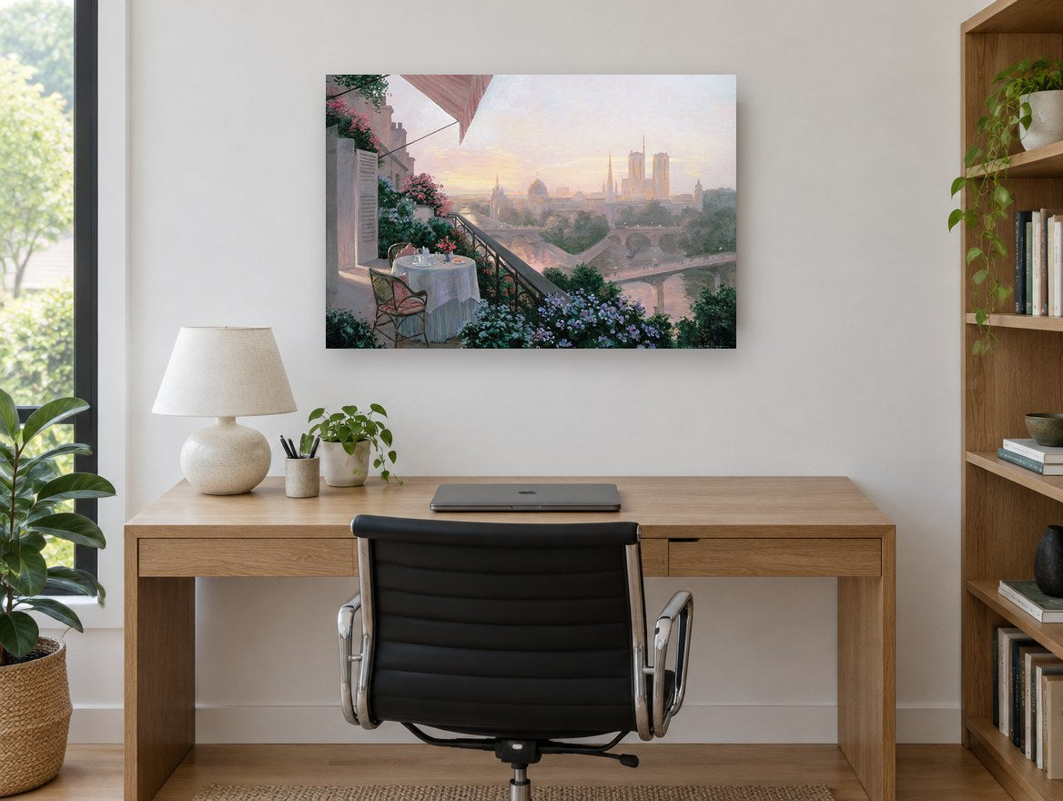 Terrace Dinner Over the Seine city canvas print on the wall of a study