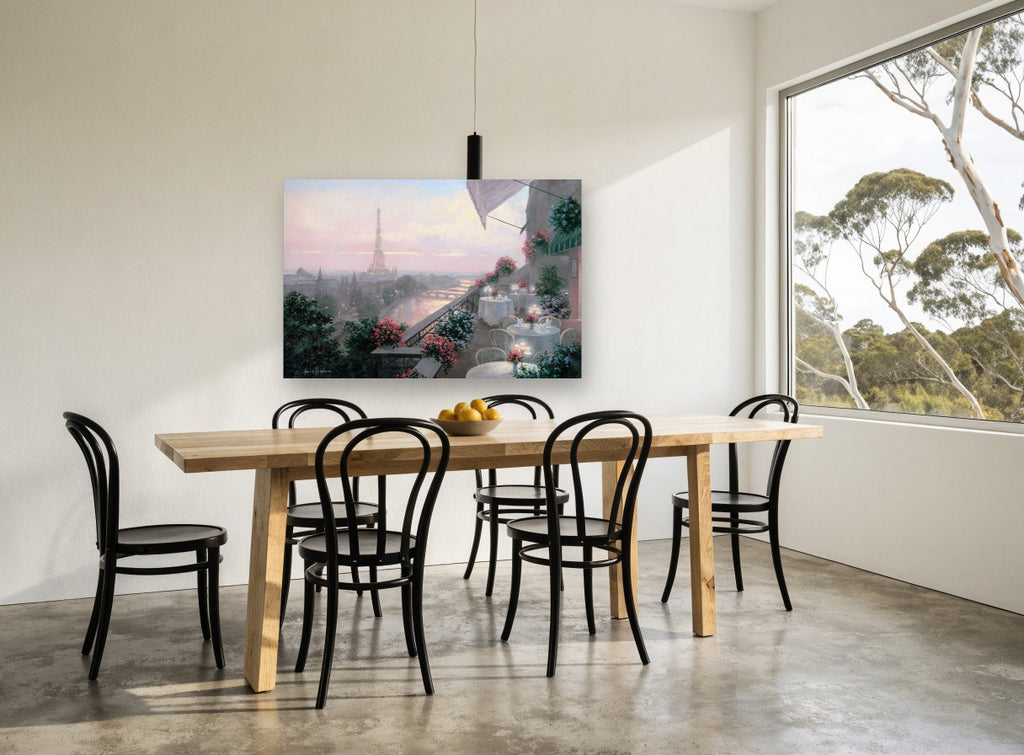 Paris Terrace at Dusk city canvas print on the wall of a dining room