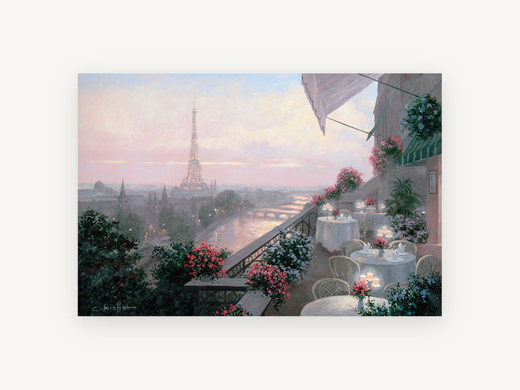 Paris Terrace at Dusk, paris terrace view of eiffel tower, city canvas wall art print, front view